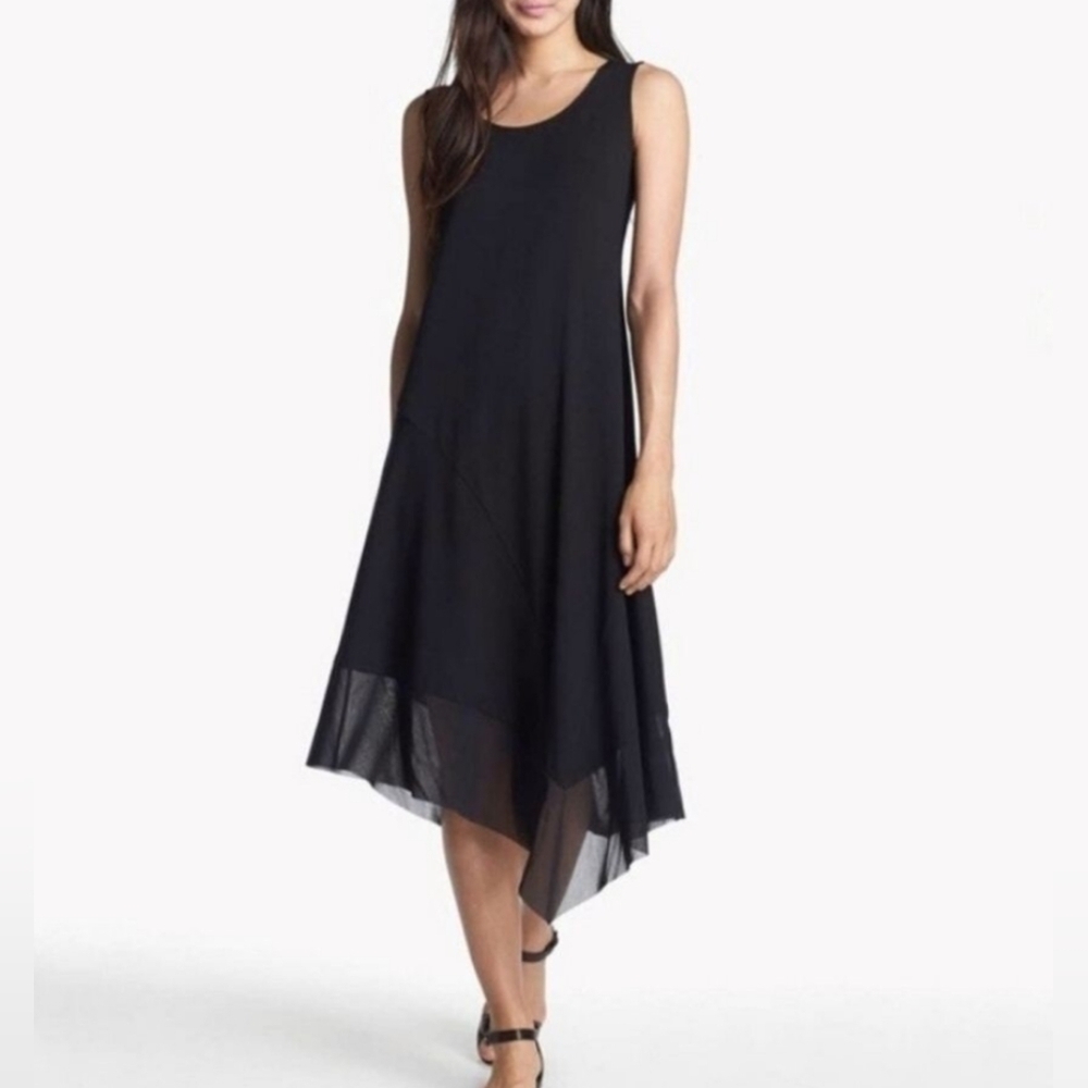 Eileen Fisher 100% Silk Black Asymmetrical Midi Dress Petite PP